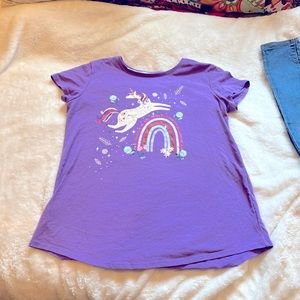 Purple Unicorn cotton blend shirt with stone washed Skinny Jeans.